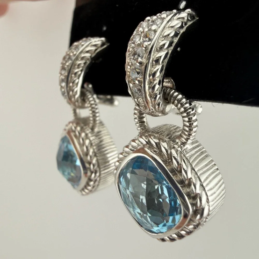 Judith Ripka 925 Sterling Silver Blue Topaz CZ Drop Earrings Fleur-de-Lis